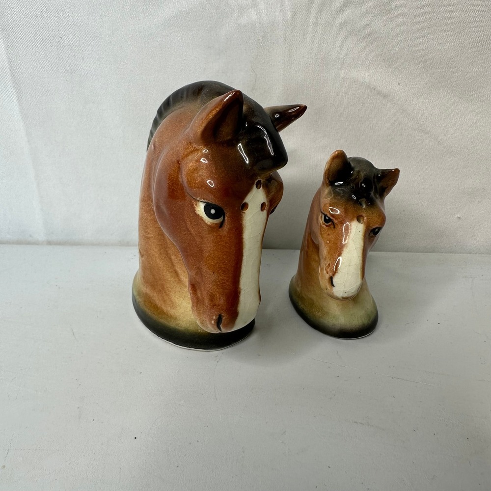 Vintage Japan Ceramic Horse Head Salt and Pepper Shakers Brown Equestrian Set